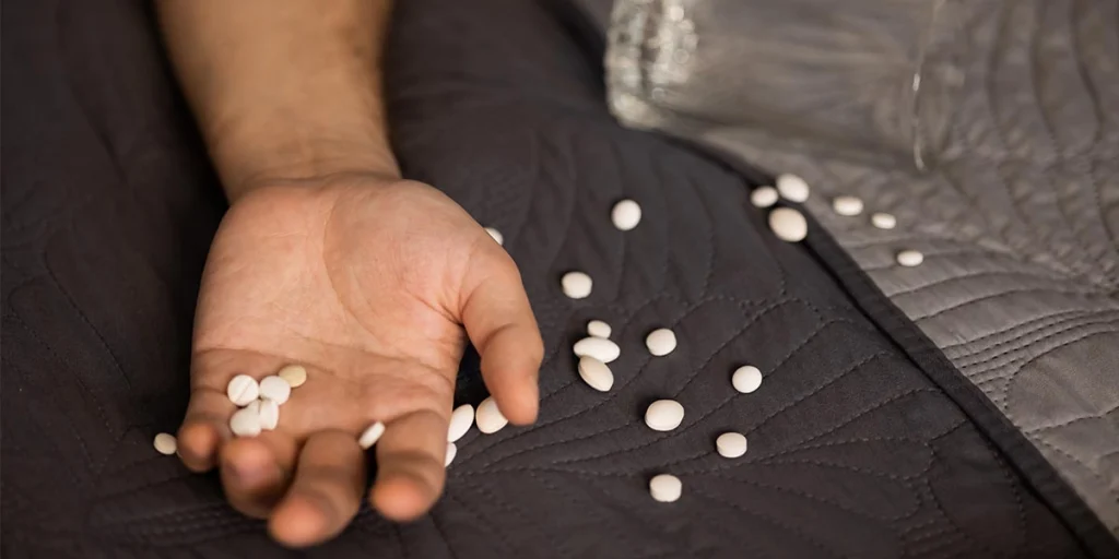 Close-up of Valium tablets scattered on the floor