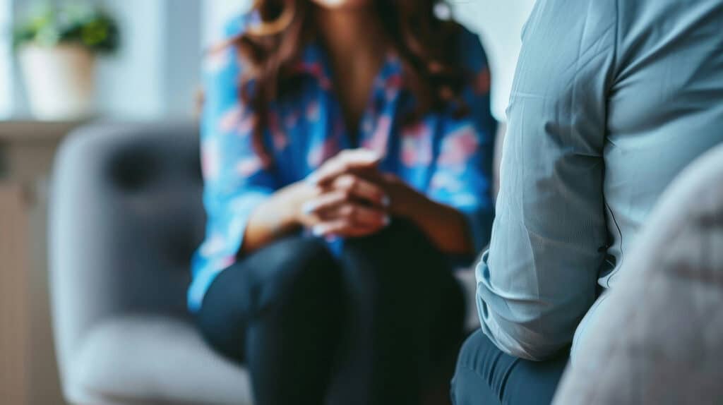 Woman in colorful shirt sitting in therapy session, engaged in conversation with therapist, emphasizing mental health support and discussion of depression symptoms.