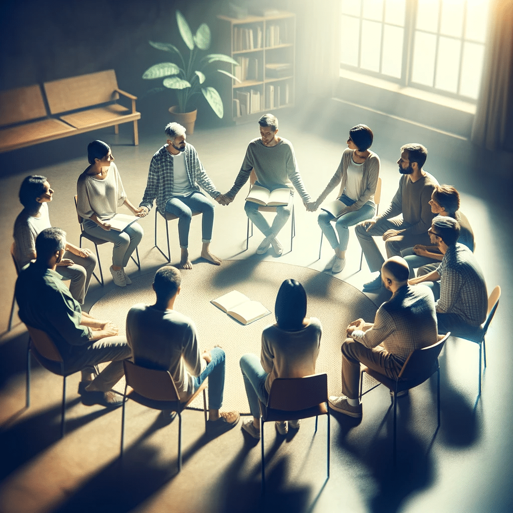 Group of individuals in a circle participating in a 12-step recovery meeting, emphasizing support and community in addiction recovery.