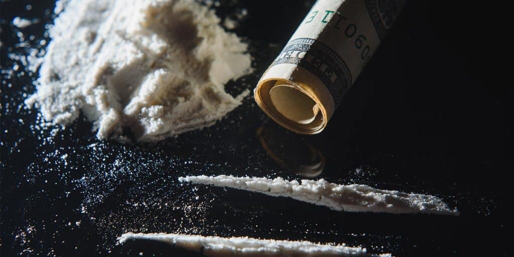 Cocaine powder and money illustrating the effects and addiction related to cocaine use.
