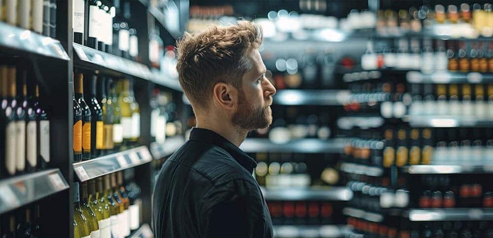 Man in liquor store aisle, alcohol dependence and withdrawal symptoms.