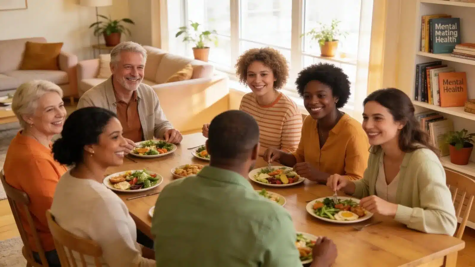 Group of diverse friends sharing a meal, engaging in supportive conversation about eating disorders