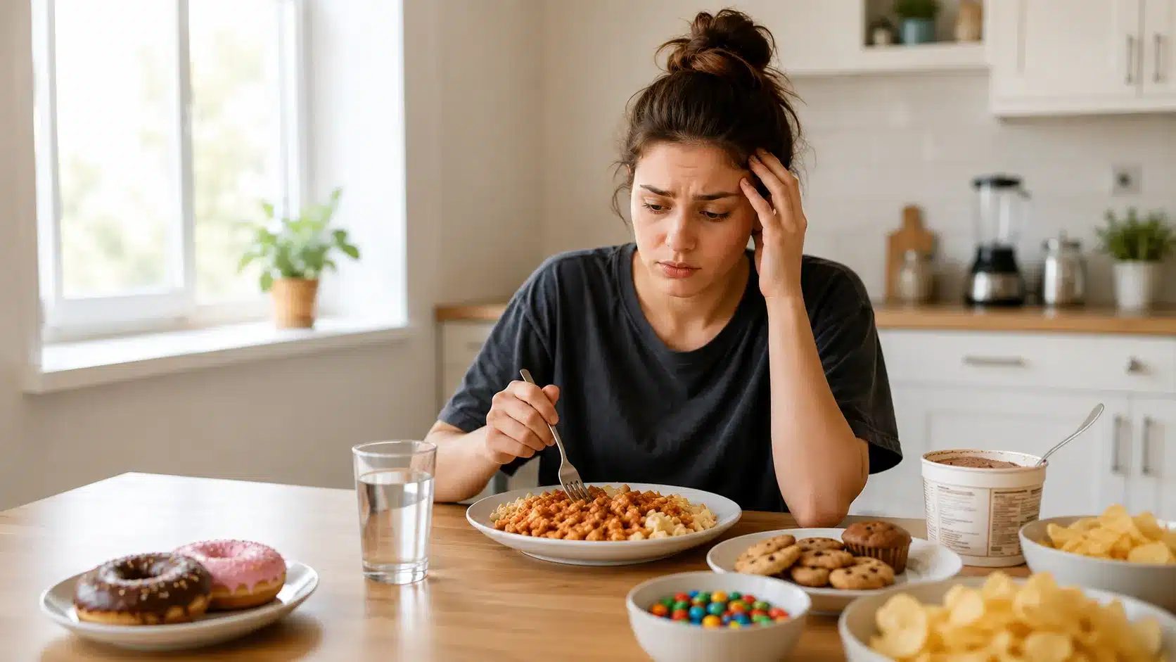 Individual struggling with bulimia, sitting alone in a kitchen surrounded by uneaten food, conveying emotional distress