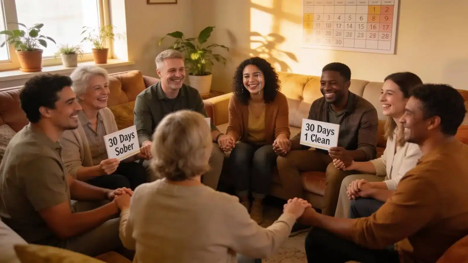 Supportive group celebrating recovery milestone in addiction treatment
